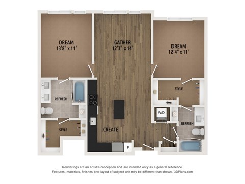 Floor plan for 2 beds, 2 baths, 1012 sqft